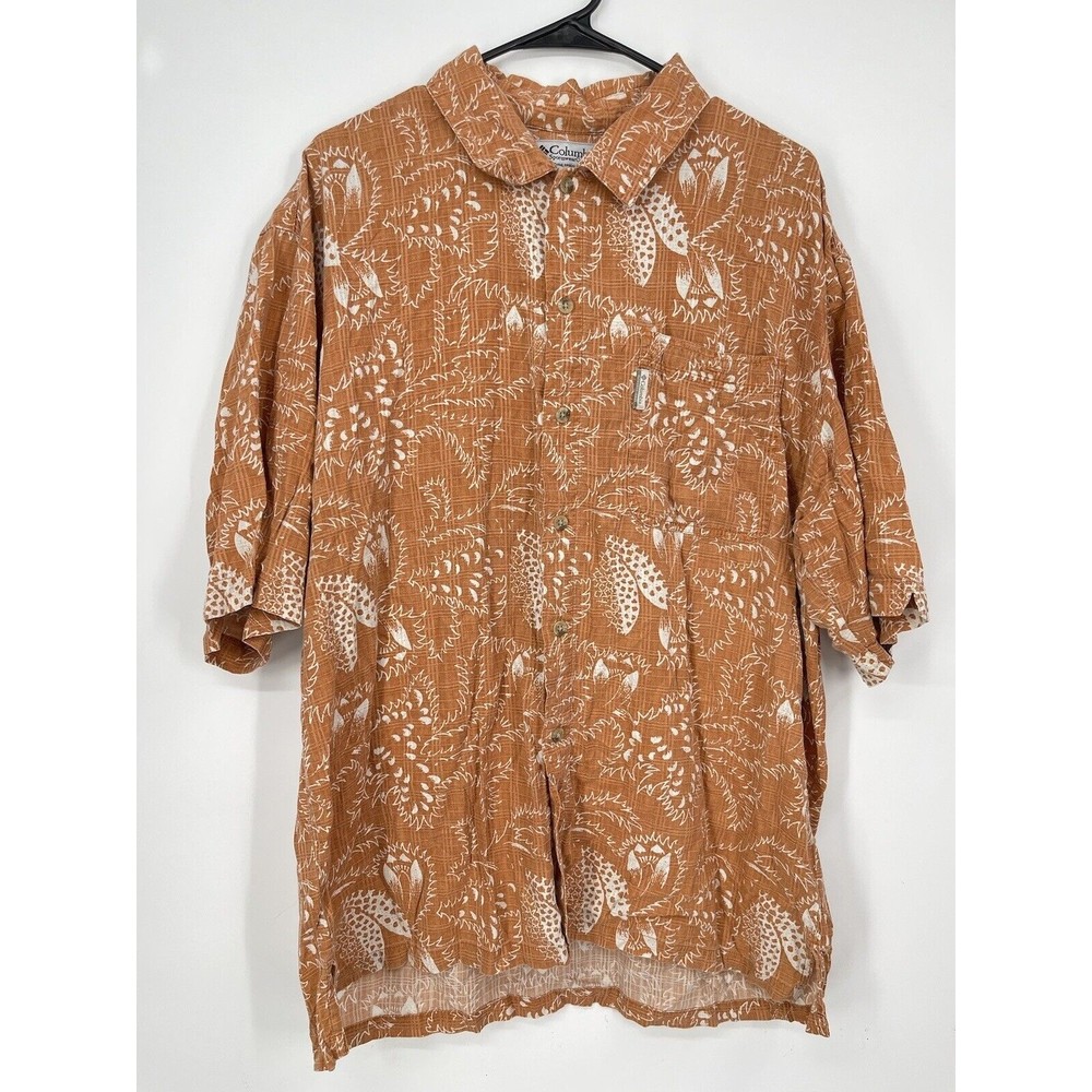 Columbia Sportswear Size L Men's Hawaiian Shirt Orange/White with Palms